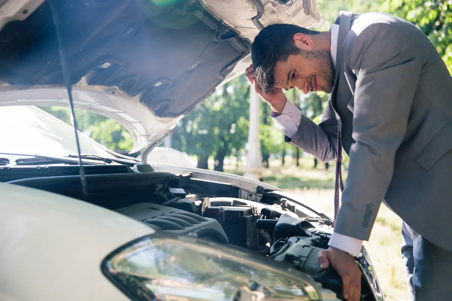 A man in a suit appears frustrated while looking at an open car hood, suggesting car trouble.